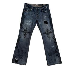 JXRGE Tribal Cross Painted Studded Custom Cyber Y2K Boot Cut Jeans 36x31